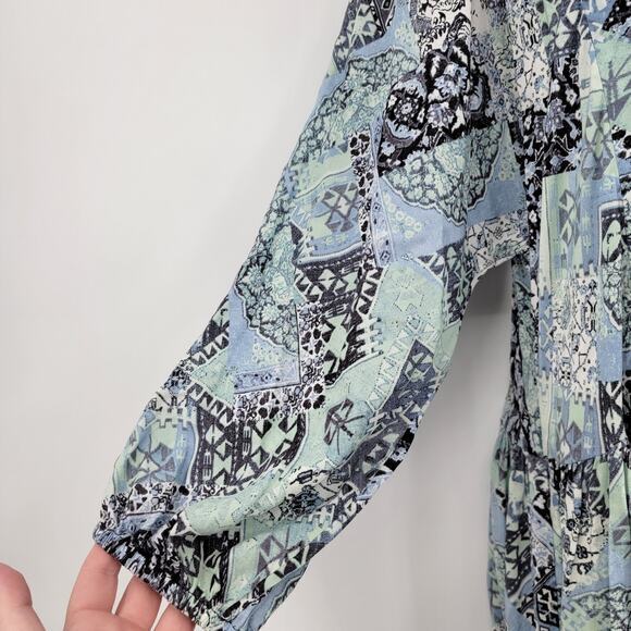 NEW Calvin Klein Women's‎ Floral Geo Print Blouson Puff Sleeve A Line Dress Blue - Picture 11 of 14